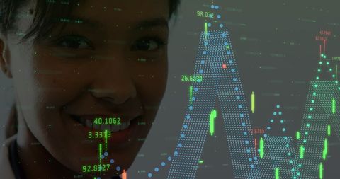 Smiling Woman with Digital Medical Data Interface