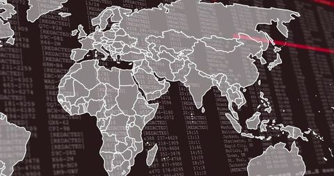 Holographic world map overlay on cyber data console with red scan line and redacted data