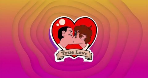 Cartoon Couple Sharing Kiss Inside Heart With True Love Banner
