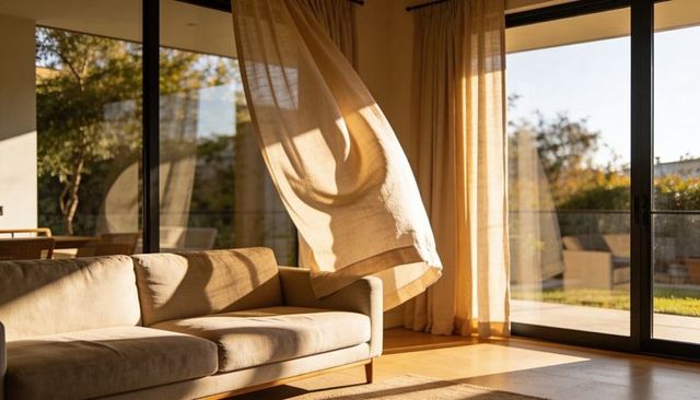 Sunlit minimal living room with billowing curtains, beige sofa and sliding glass doors