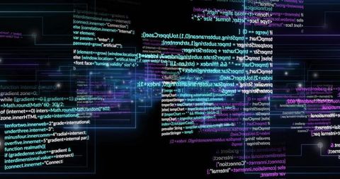 Streaming Neon Code Panels Crossing Cyber Grid, Holographic Network Motion Background