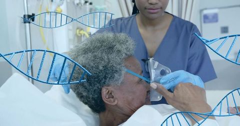 Nurse placing oxygen mask on elderly patient in hospital bed with dna medical concept