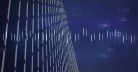 Stock market data and digital interface with cityscape background
