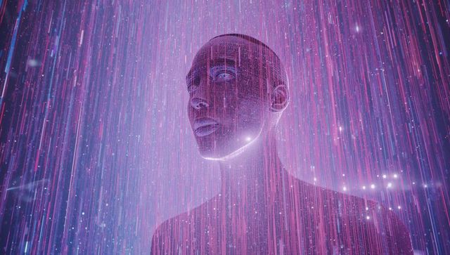 Androgynous Virtual Figure in Futuristic Neon Data Streams