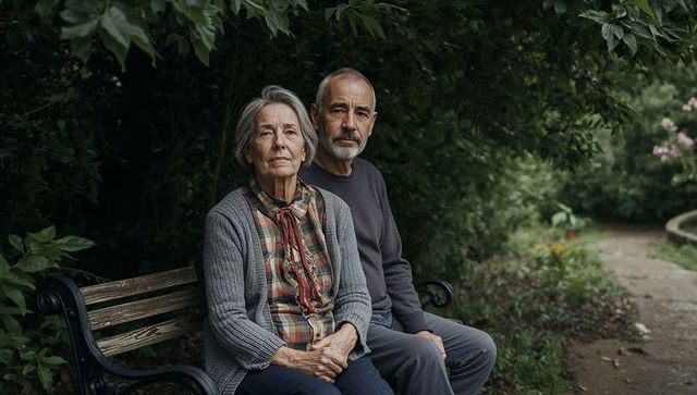 Elderly couple sitting on bench in lush garden showing quiet companionship and resilience