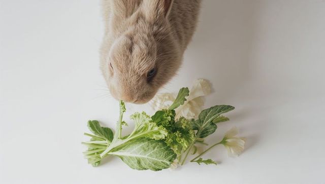 Light Brown Bunny Nuzzling Fresh Leafy Greens on White Minimal Tabletop Closeup