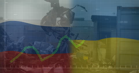 Waving Russian Flag Overlay on Junkyard Recycling Scene