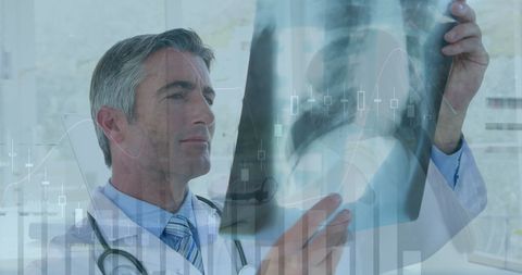 Doctor Analyzing X-Ray with Financial Graphs Overlay