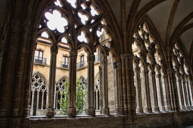 Medieval Gothic cloister displaying intricate arches and columns with a view of the courtyard beyond. Great for use in historical study, architecture references, heritage site promotions, or medieval themed projects.