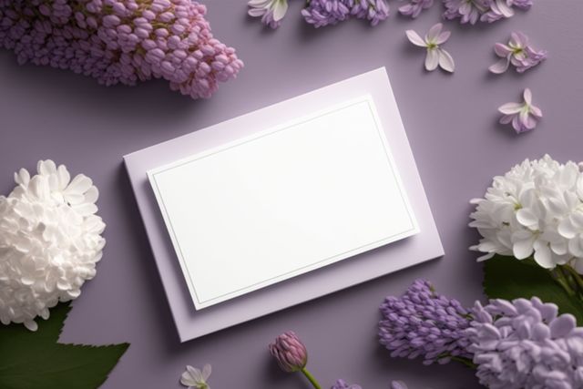 Beautiful high-quality blank card on elegant lilac background, surrounded by purple and white flowers. Ideal for invitation designs, wedding cards, event stationery, floral-themed promotional materials, and romantic messages. Perfect for showcasing text or graphics in a clean, aesthetically pleasing way.