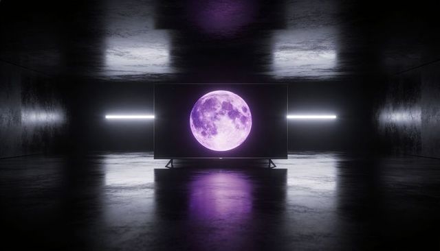 Projecting Purple Moon on Flat-Screen in Futuristic Dark Studio with Glossy Reflection