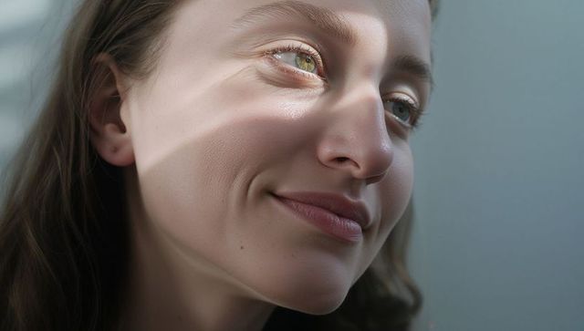 Smiling woman gazing upward with soft window light and shadow bands on face