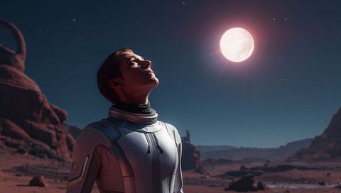 Astronaut gazing at full moon over Martian desert nightscape in white futuristic suit