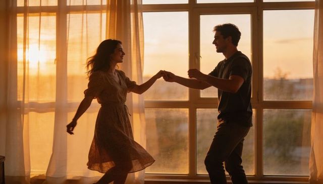 Young couple dancing by window at sunset holding hands backlit warm romantic moment