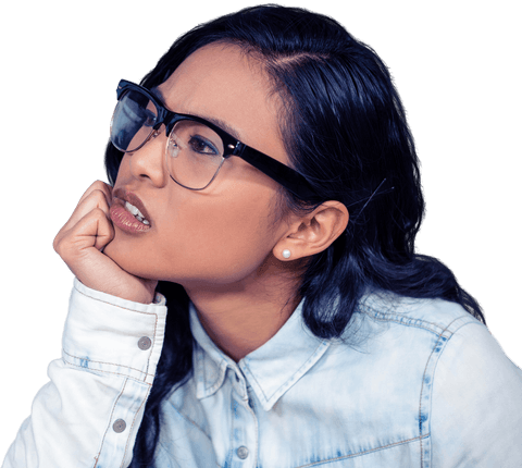 Transparent background of troubled asian woman deep in thought