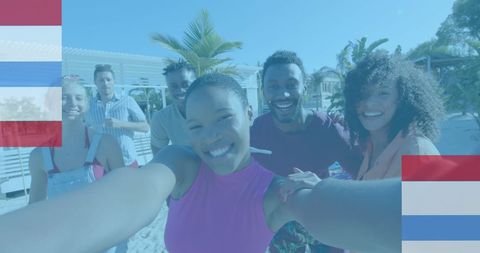 Group of diverse friends capturing a joyful selfie on a sunny beach. Perfect for promoting summer vacations, beach activities, friendship, and group travel experiences.