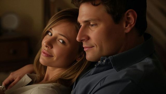 Couple sharing cozy evening on sofa embracing warm intimacy and soft lamp glow