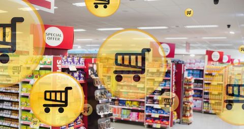 Digital Shopping Icons Overlaid on Supermarket Aisles