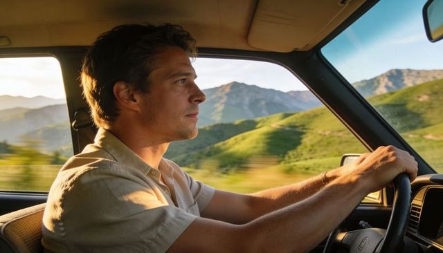 Man driving vintage car through sunlit mountain road during golden hour interior closeup