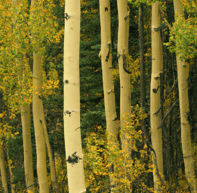 General view of aspen trees and green leaves in forest. Nature, harmony and forest concept.