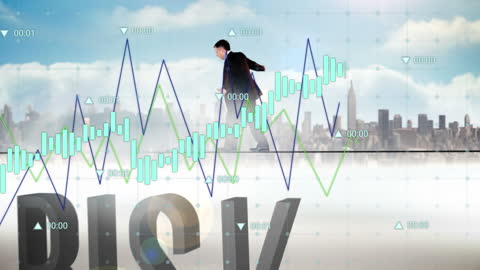 Businessman Walking Tightrope Overlaid with Financial Data and Cityscape