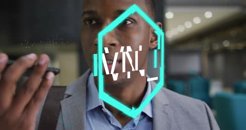 Businessman Surrounded by Digital Network and Changing Numbers, Futuristic Setting