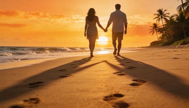 Couple walking hand in hand at tropical beach sunset with long footprints and palms