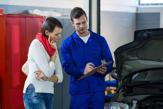 Mechanic in blue uniform showing checklist to concerned female customer in repair garage. Ideal for illustrating automotive services, customer service interactions, vehicle maintenance, and professional consultations in a workshop setting.