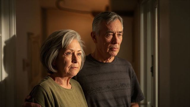 Senior couple standing together gazing through window in warm golden evening light