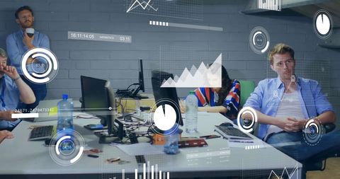 Diverse Team Analyzing Data with Futuristic Digital Interfaces