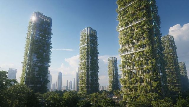 Futuristic green skyscrapers with vertical forests in ecofriendly urban landscape