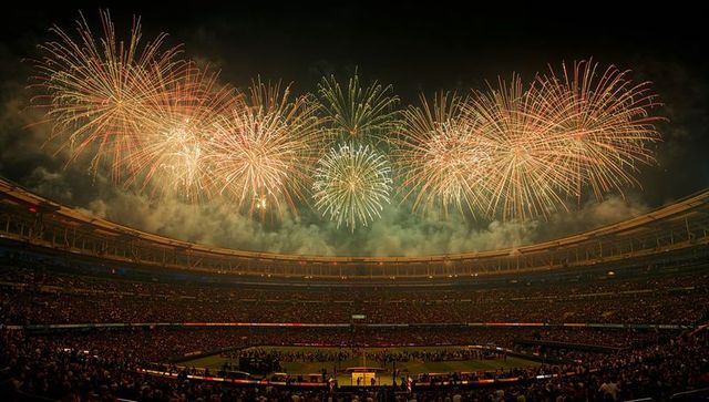Lighting stadium night sky with fireworks, crowd celebrating massive outdoor spectacle
