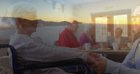 Elderly care concept with ocean view overlay