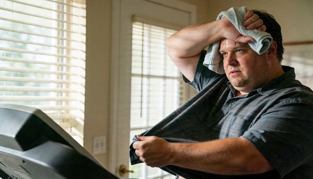 Man wiping sweat and cooling down after treadmill workout in sunlit home gym with towel