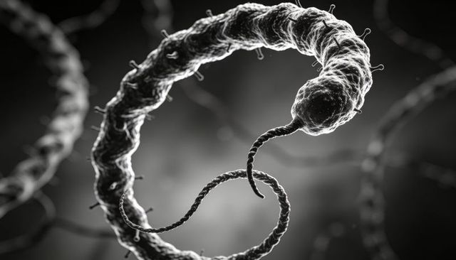 Magnified spirochete spiraling with flagella and pili, electron microscopy render