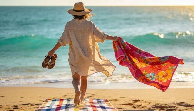 Beachgoer walking toward turquoise surf at golden hour in linen cover-up and straw hat