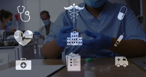 Nurse preparing vaccine vial with gloves and syringe surrounded by medical icons