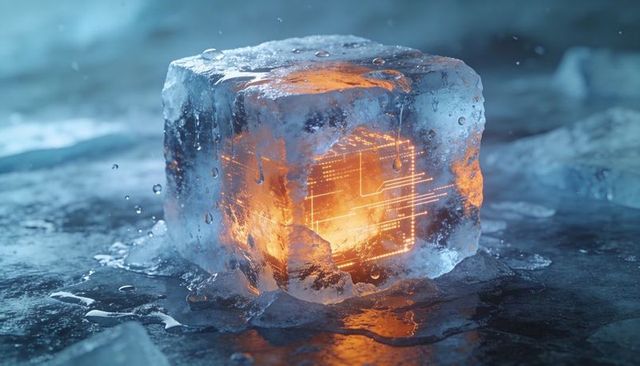 Melting ice cube revealing glowing orange circuit core on reflective frozen surface