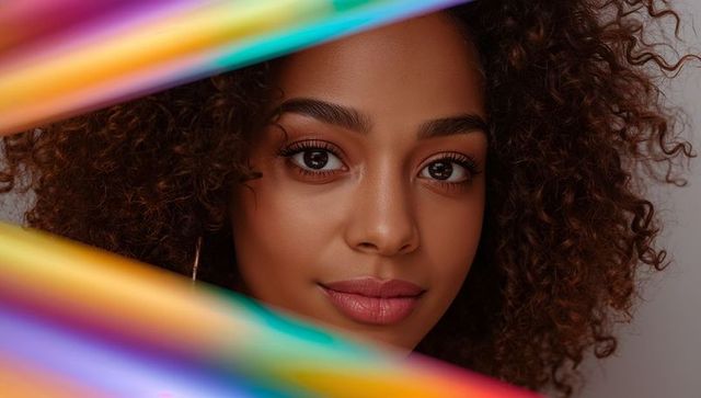 Glamorous closeup of woman wearing hoop earring and colorful ribbons framing face
