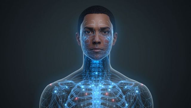 Futuristic human anatomy visualization with neon glowing skeleton