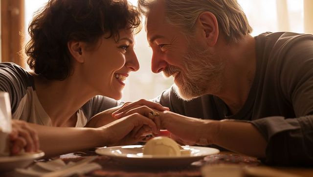 Mature couple sharing intimate dessert moment, backlit romance and warm home light