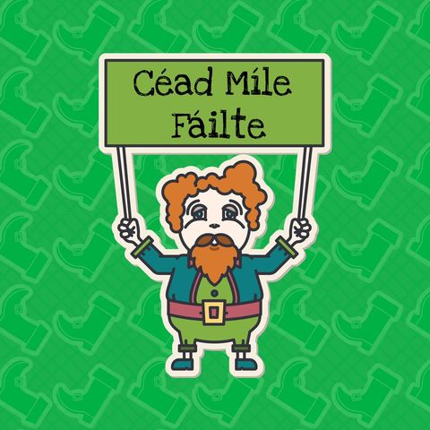 Leprechaun Holding Gaelic Welcome Sign on Green Background - Download Free Stock Templates Pikwizard.com