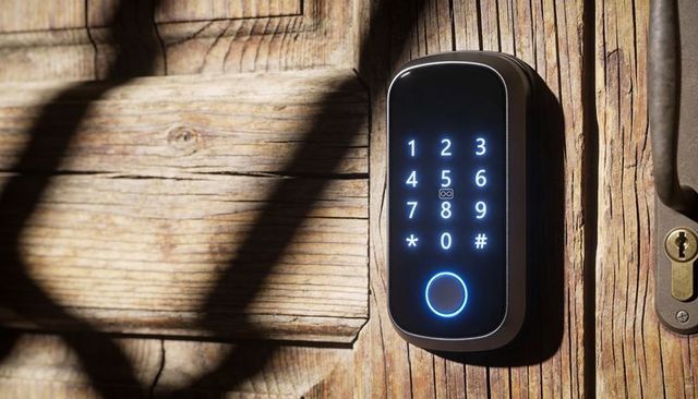Backlit smart keypad lock mounted on weathered wooden door with blue touch ring led