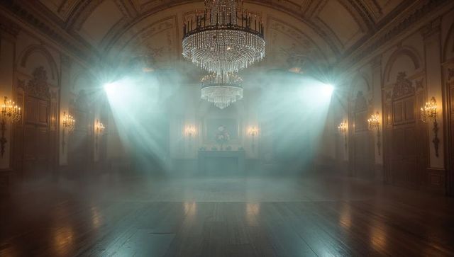 Crystal Chandelier Spotlight Casting Dramatic Beams Across Opulent Ballroom Silhouette