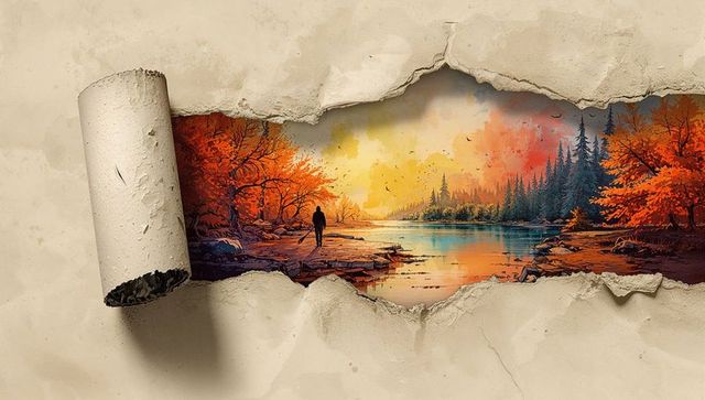 Torn wall revealing autumn river mural with lone figure walking at sunset