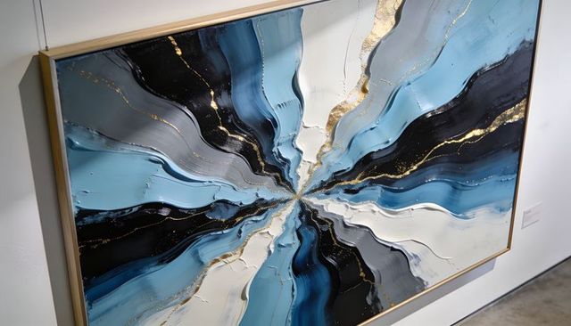 Gold-veined blue radial impasto painting showing textured starburst for modern interiors