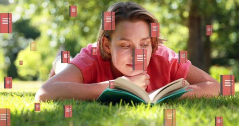 Young Woman Reading Book Outdoors with Floating Book Icons