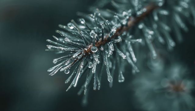 Glinting conifer branch holding ice-coated needles and frozen droplets, macro closeup