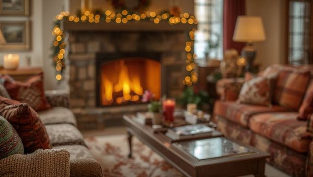 Cozy living room with glowing stone fireplace and festive garland lights