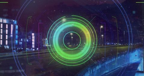 Futuristic Digital Interface Overlay on Urban Nightscape